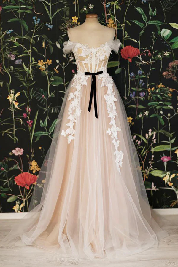 Champagne Tulle Lace Long Prom Dress A-Line Off the Shoulder Evening Dress